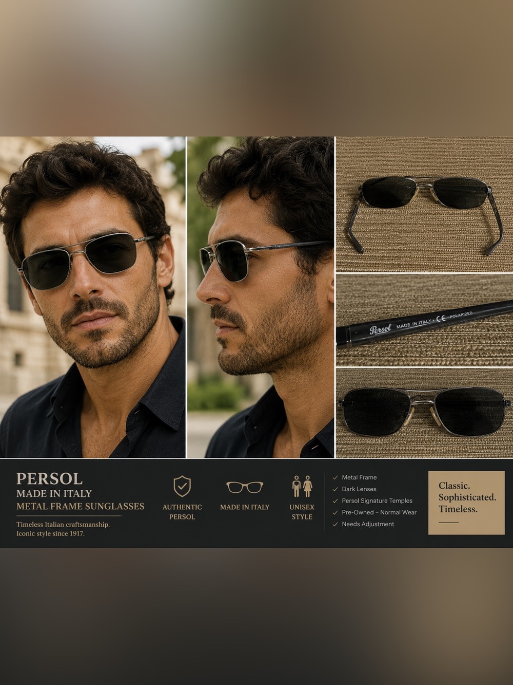 Persol Made in Italy Metal Frame Sunglasses Dark Lens Silver Tone Unisex